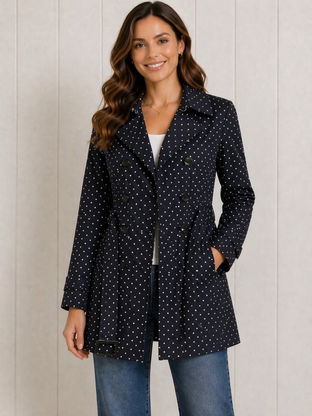 Banana Republic Navy Polka Dot Double-Breasted Trench Coat Preppy French Medium